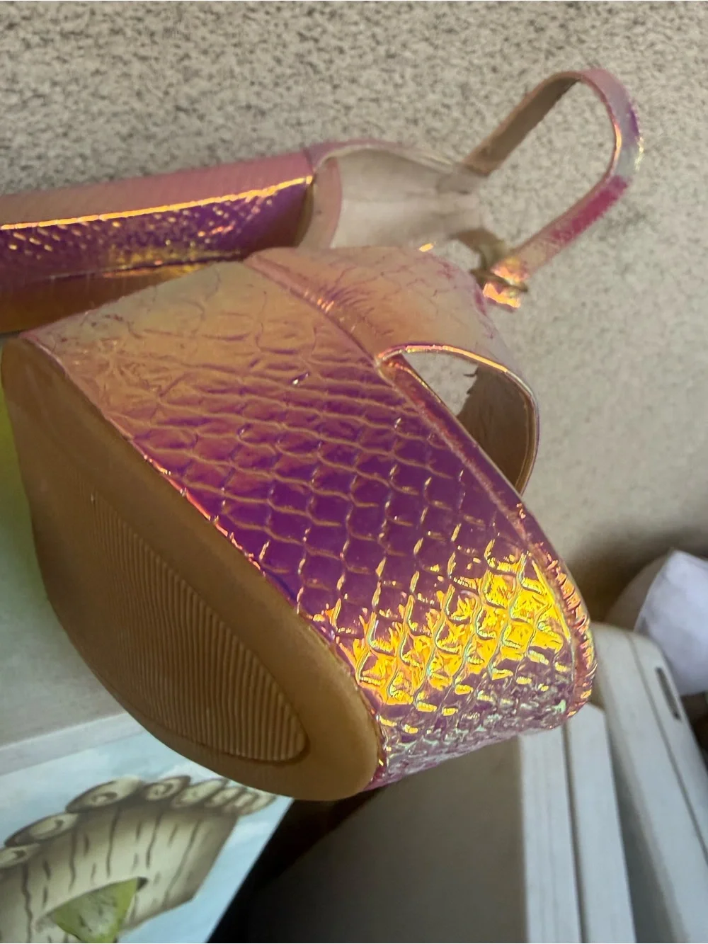 BAMBOO Iridescent Pink-Purple Platform Ankle Strap Sandals